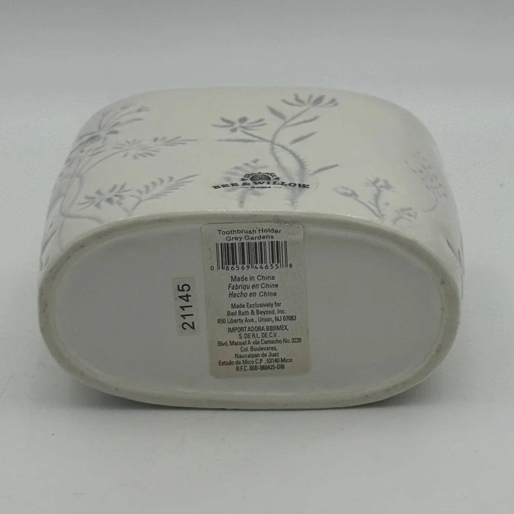 Bee & Willow Home Grey Gardens Ceramic Toothbrush Holder Floral White Grey